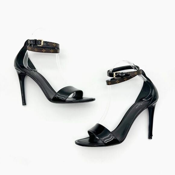 LOUIS VUITTON Fluer Call Back Black Sandal Heels Size 39 Logo Leather Monogram - Picture 7 of 13